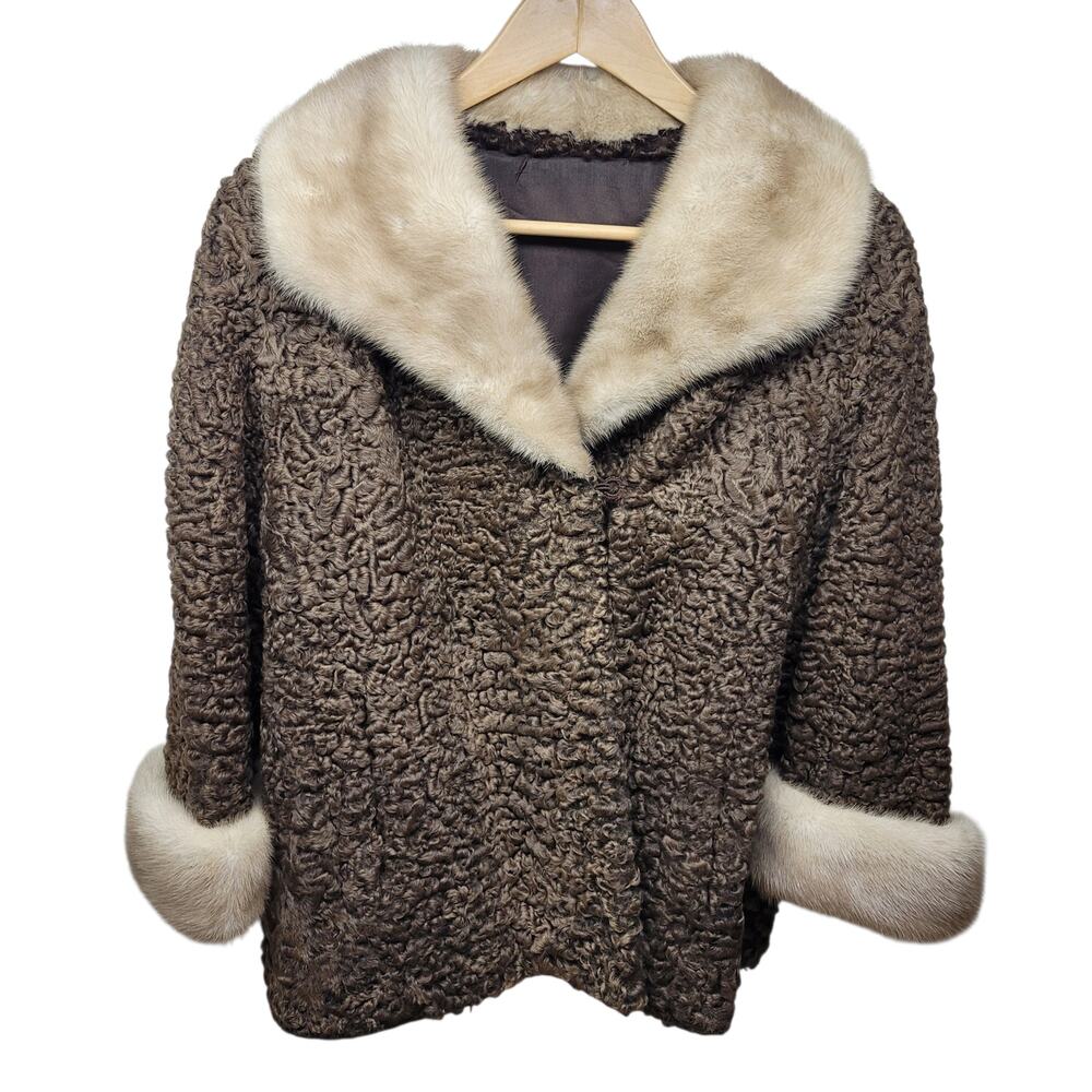 Vintage Brown Persian Lamb Fur Jacket Mink Collar Cuffs Lauretta Straley